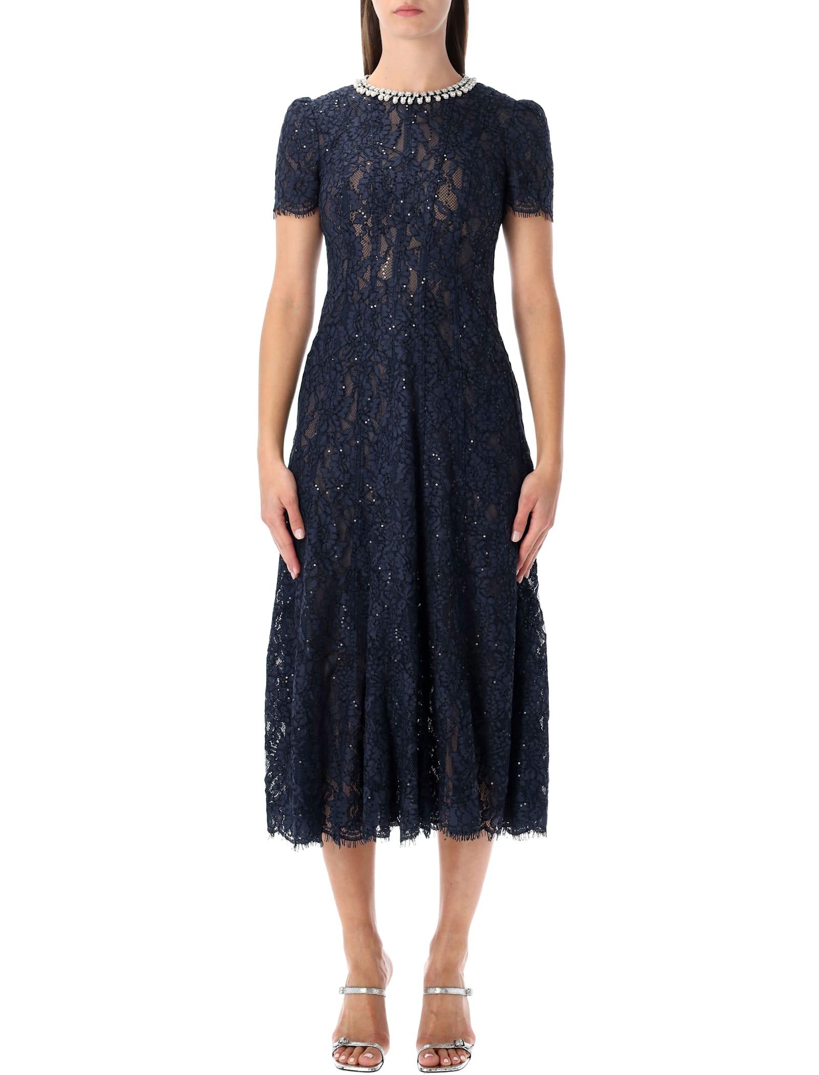 self-portrait navy lace midi dress with pearl and crystal embellished collar