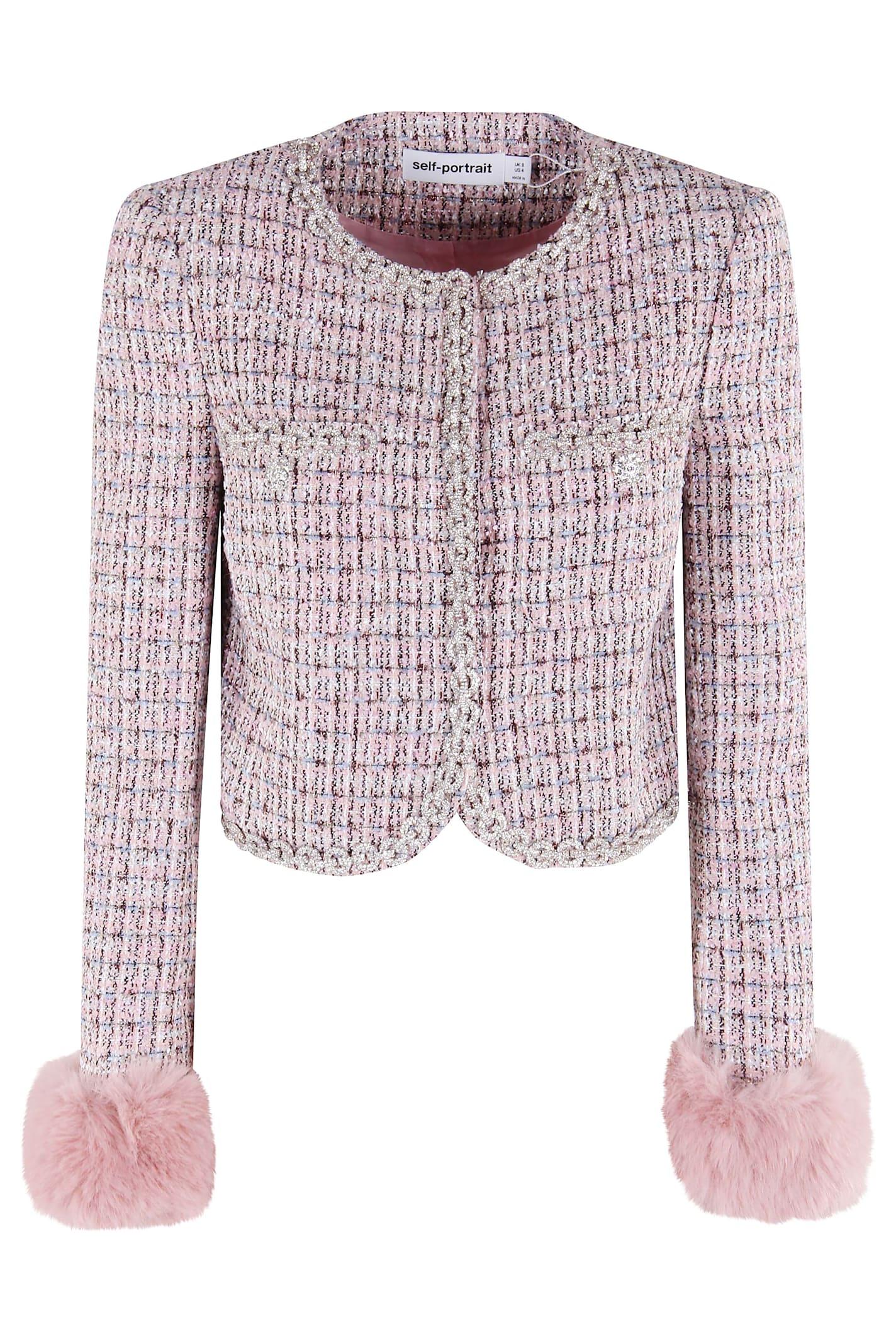 self-portrait pink boucle fur cuff jacket