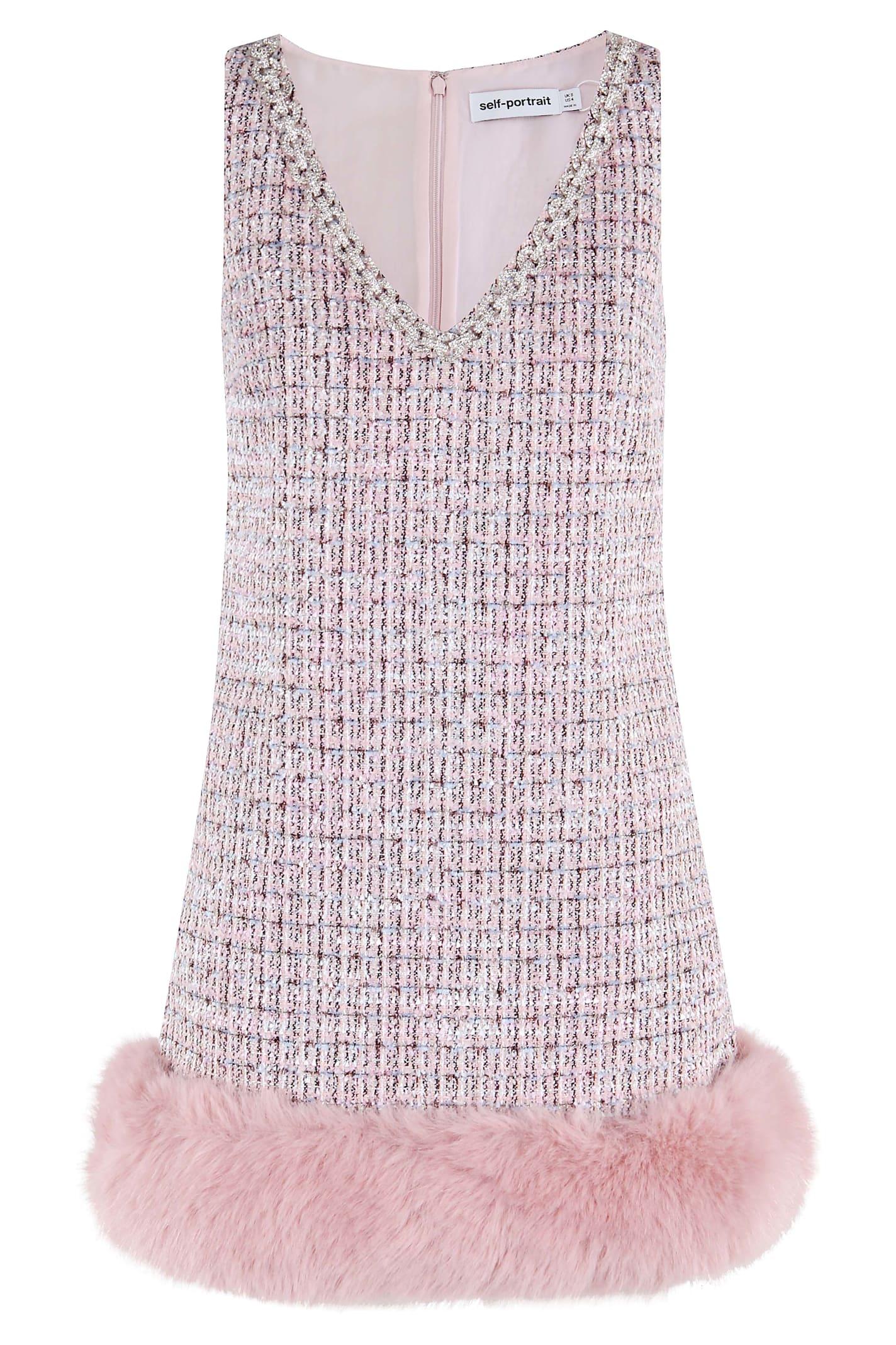 self-portrait pink boucle fur hem mini dress