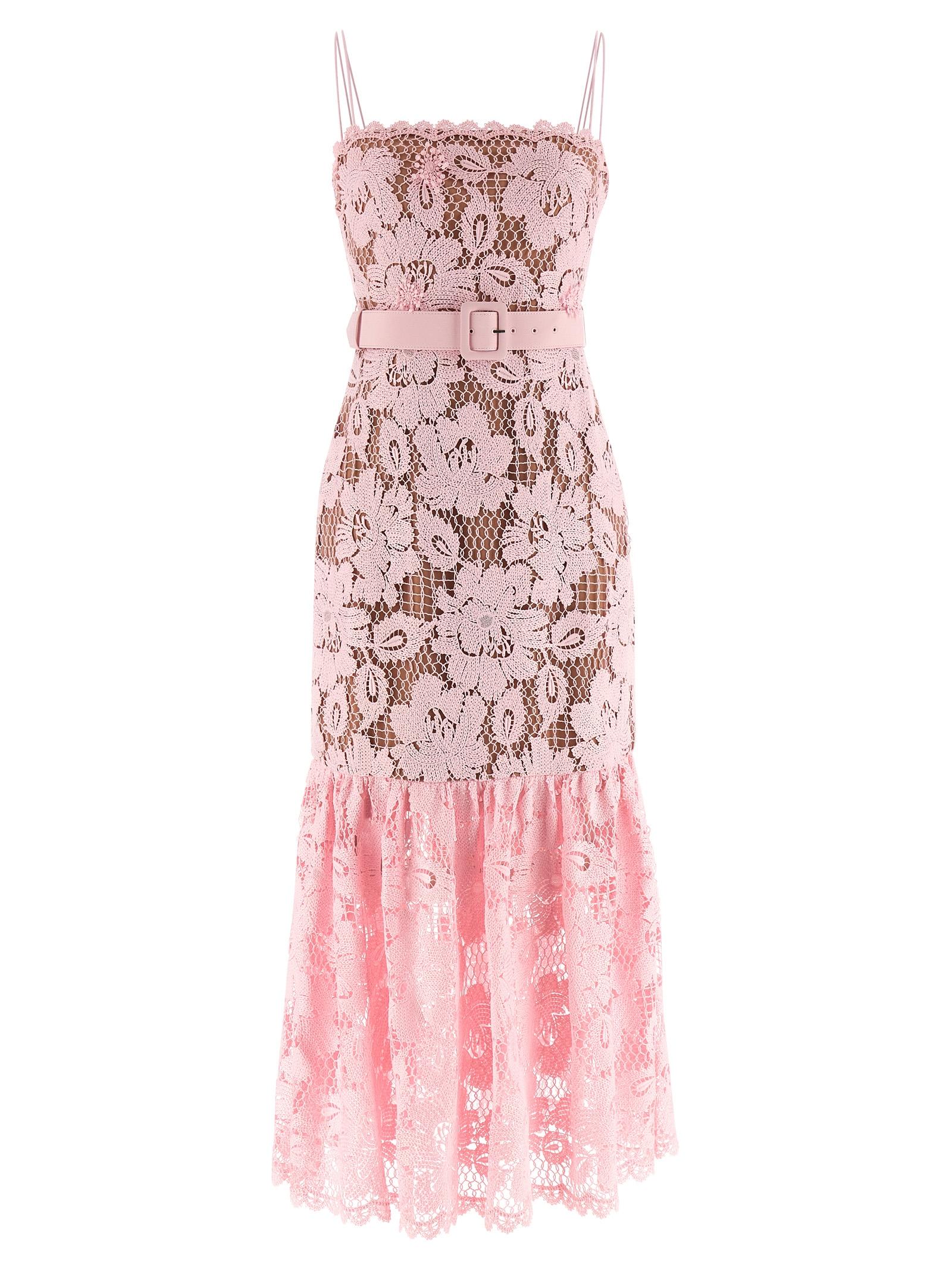 self-portrait pink crochet lace midi dress polyester - women