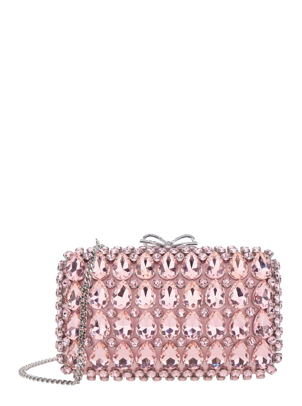 self-portrait pink satin crystal clutch bag pink clutch bag with crystals on the front in satin for women