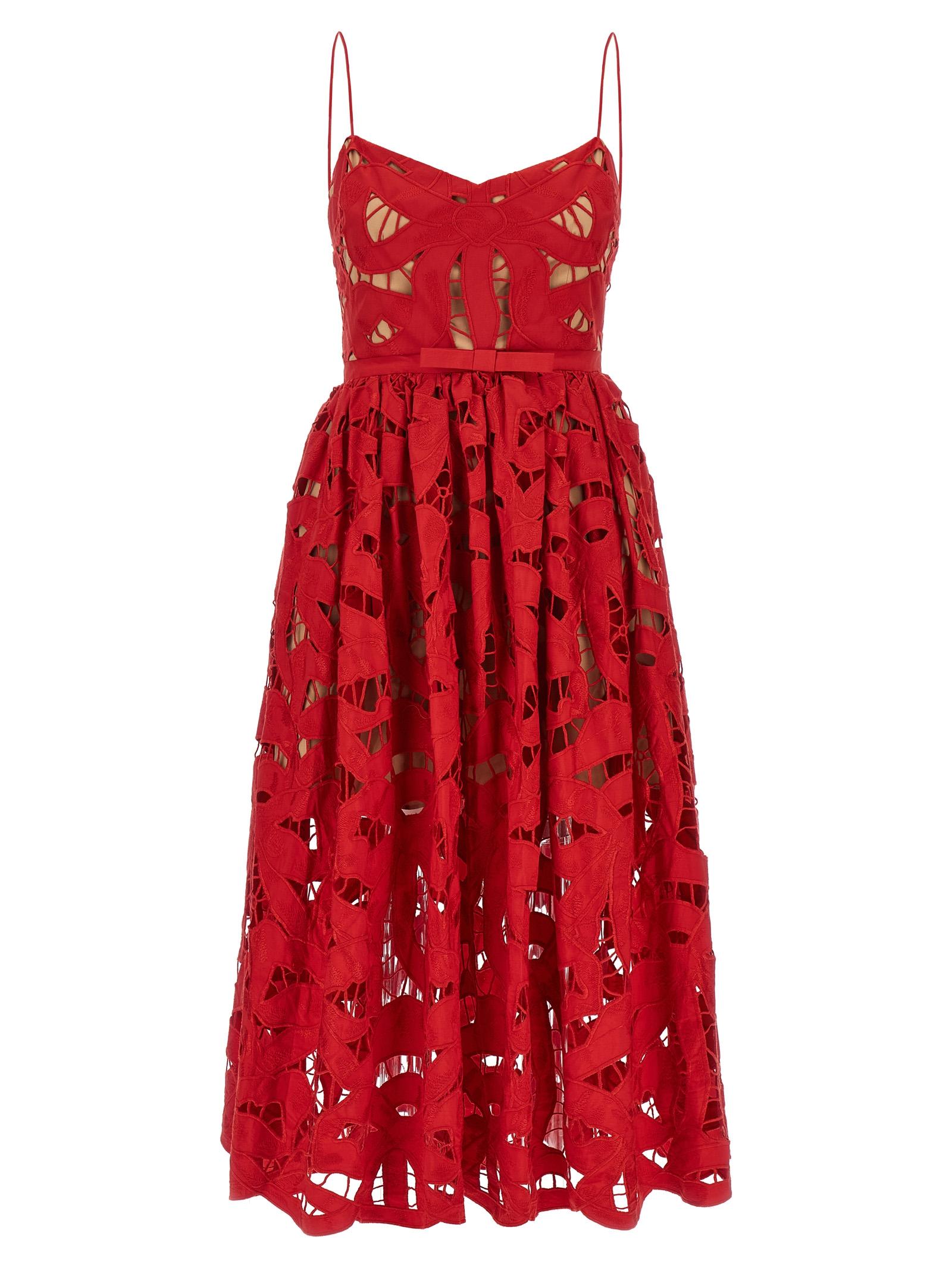 self-portrait red bow embroidered midi dress linen - women