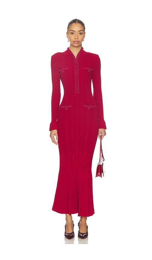 self-portrait red pearl trim knit midi dress in red.