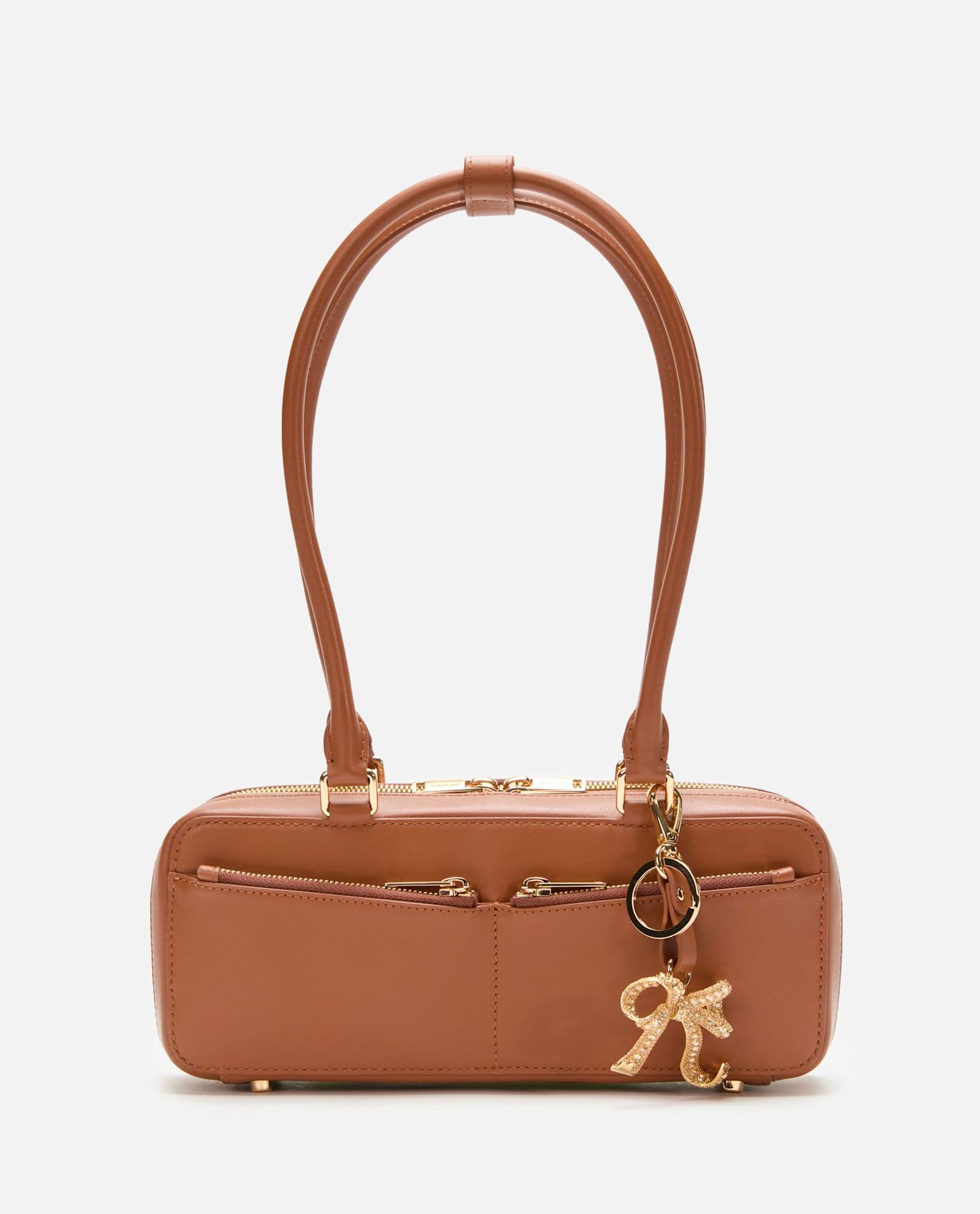 self-portrait tan leather baguette shoulder bag with charm