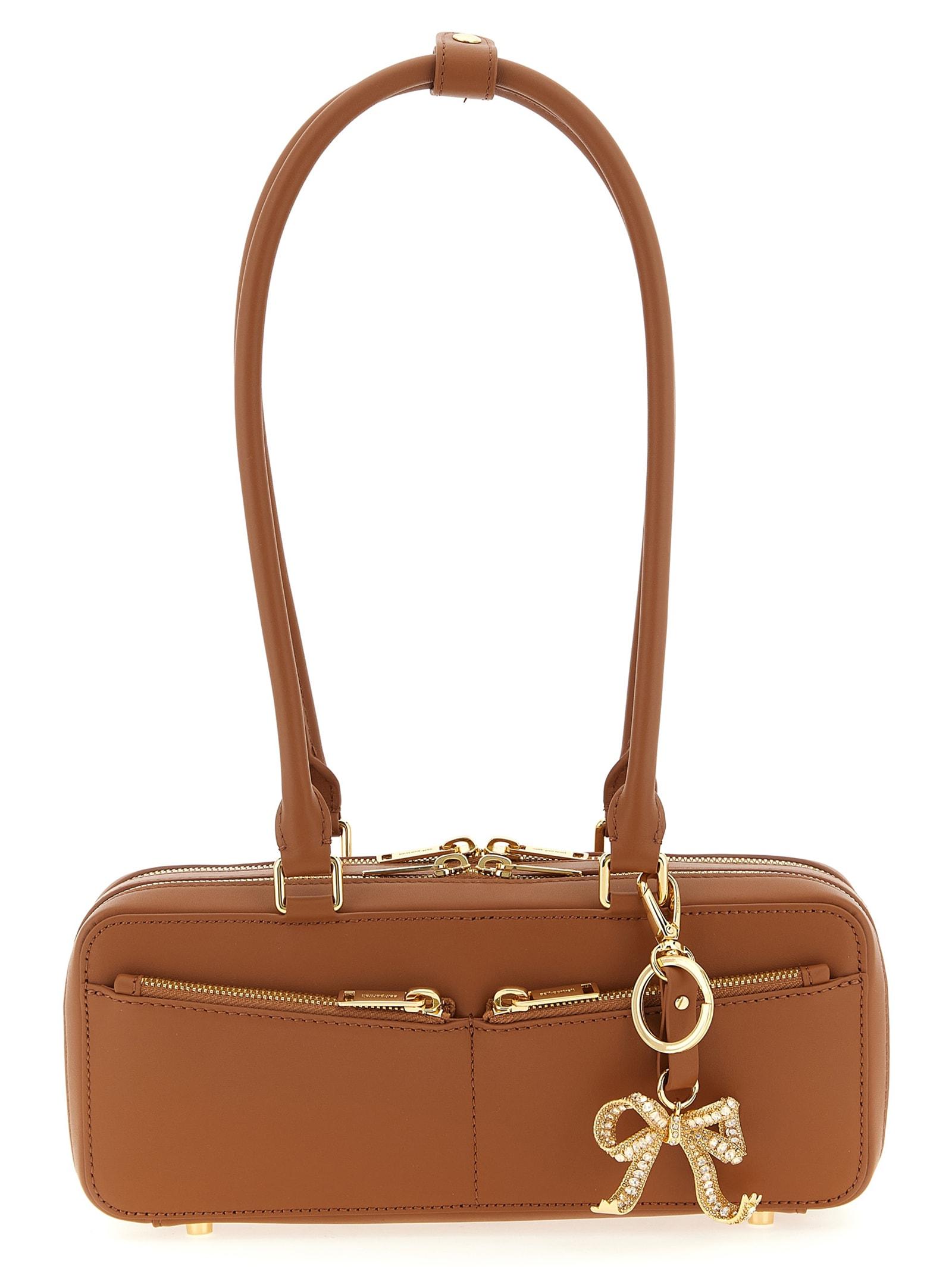 self-portrait tan leather baguette with charm shoulder bag