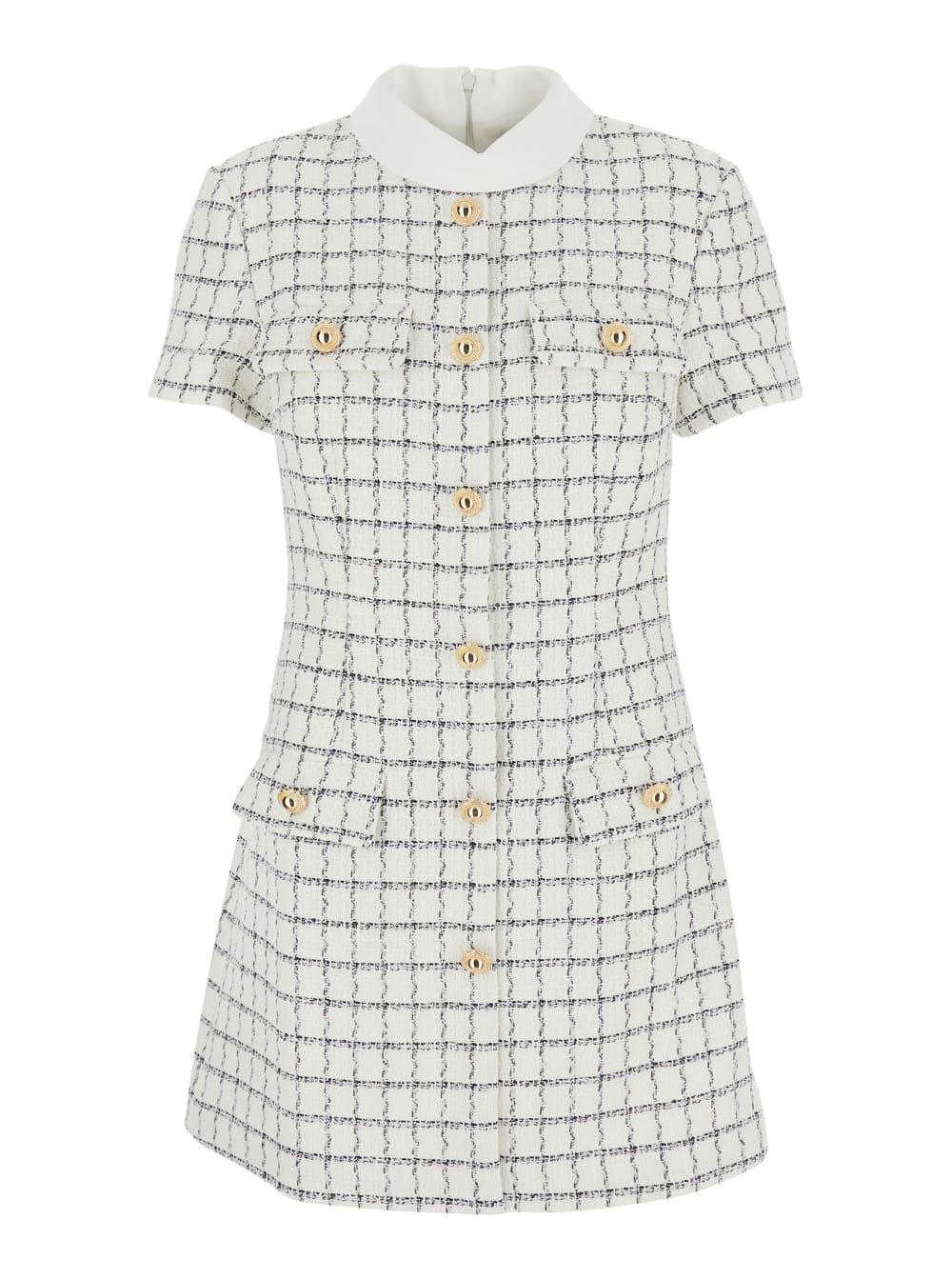 self-portrait white mini dress with jewel buttons and all-over check motif in tech fabric woman
