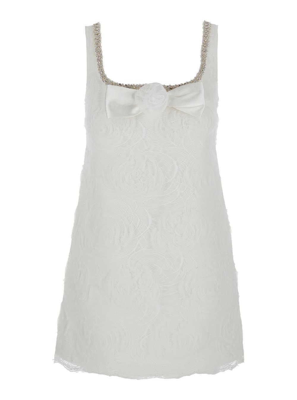 self-portrait white mini dress with square neck and bow detail on the front in tech fabric woman