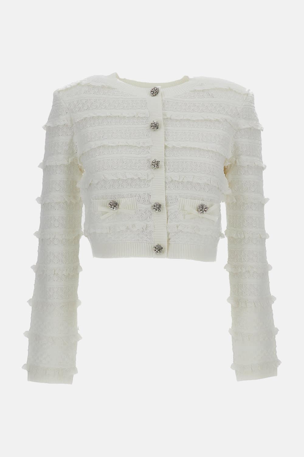 self-portrait white pointelle diamante cardigan
