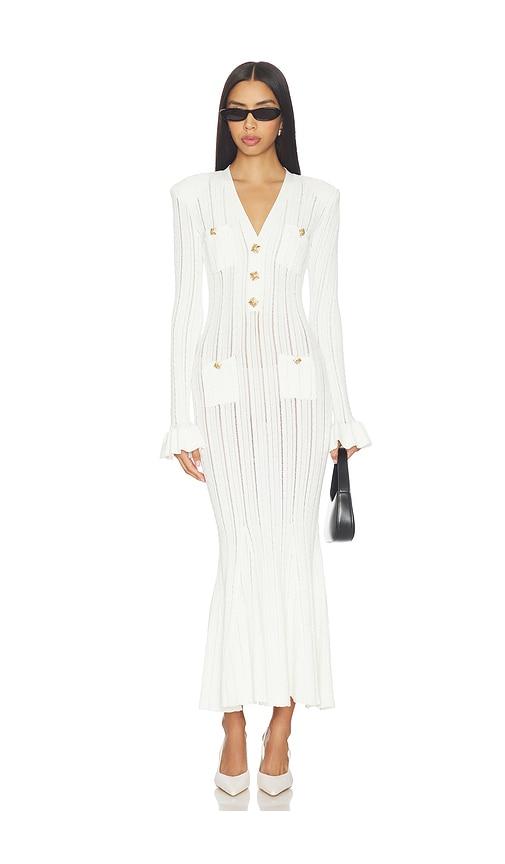 self-portrait white pointelle knit midi dress in white.