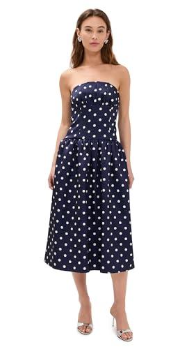 self portrait women's navy polka dot satin midi dress, navy, blue, print, 6