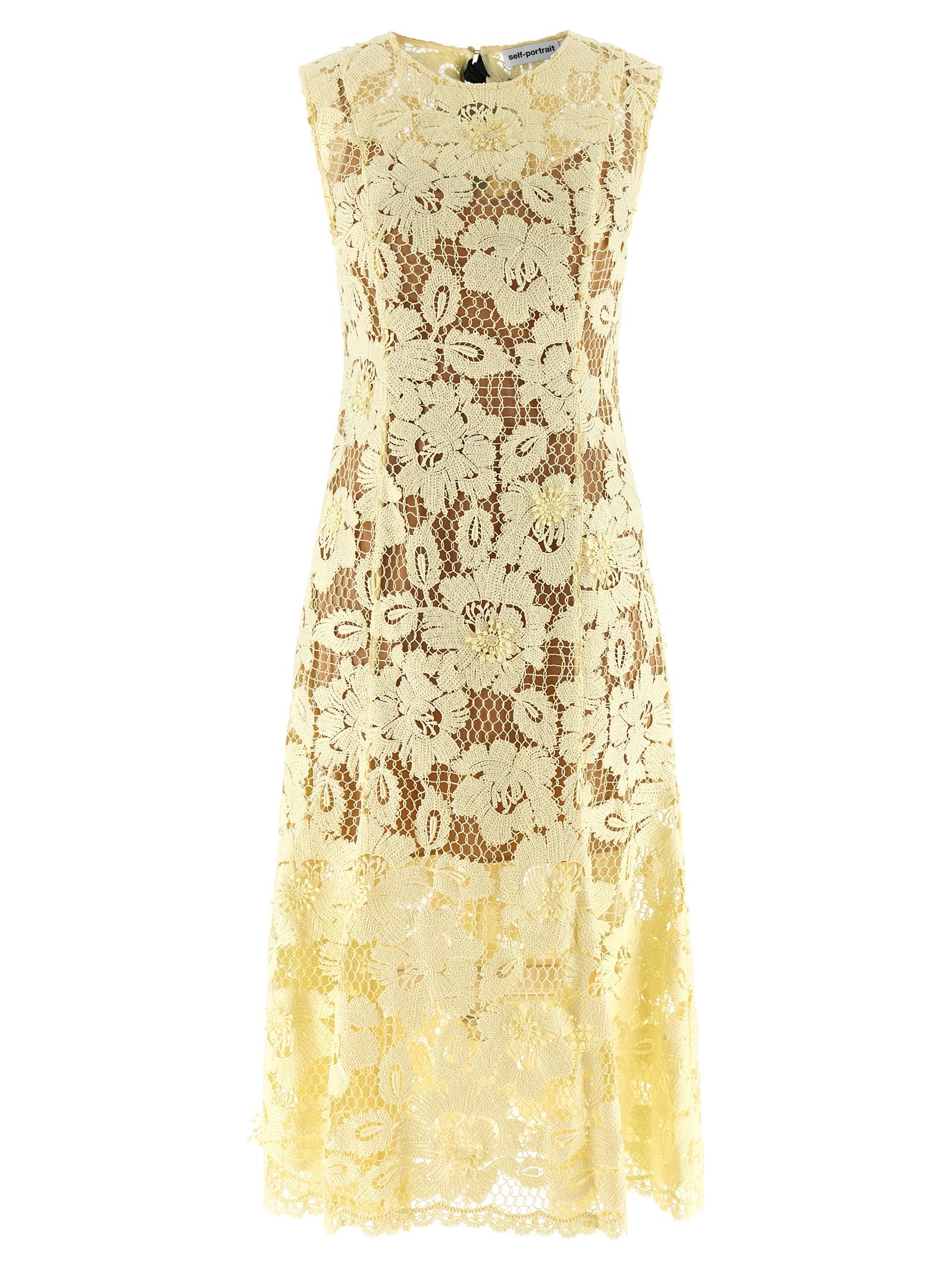 self-portrait yellow crochet lace midi dress polyester - women