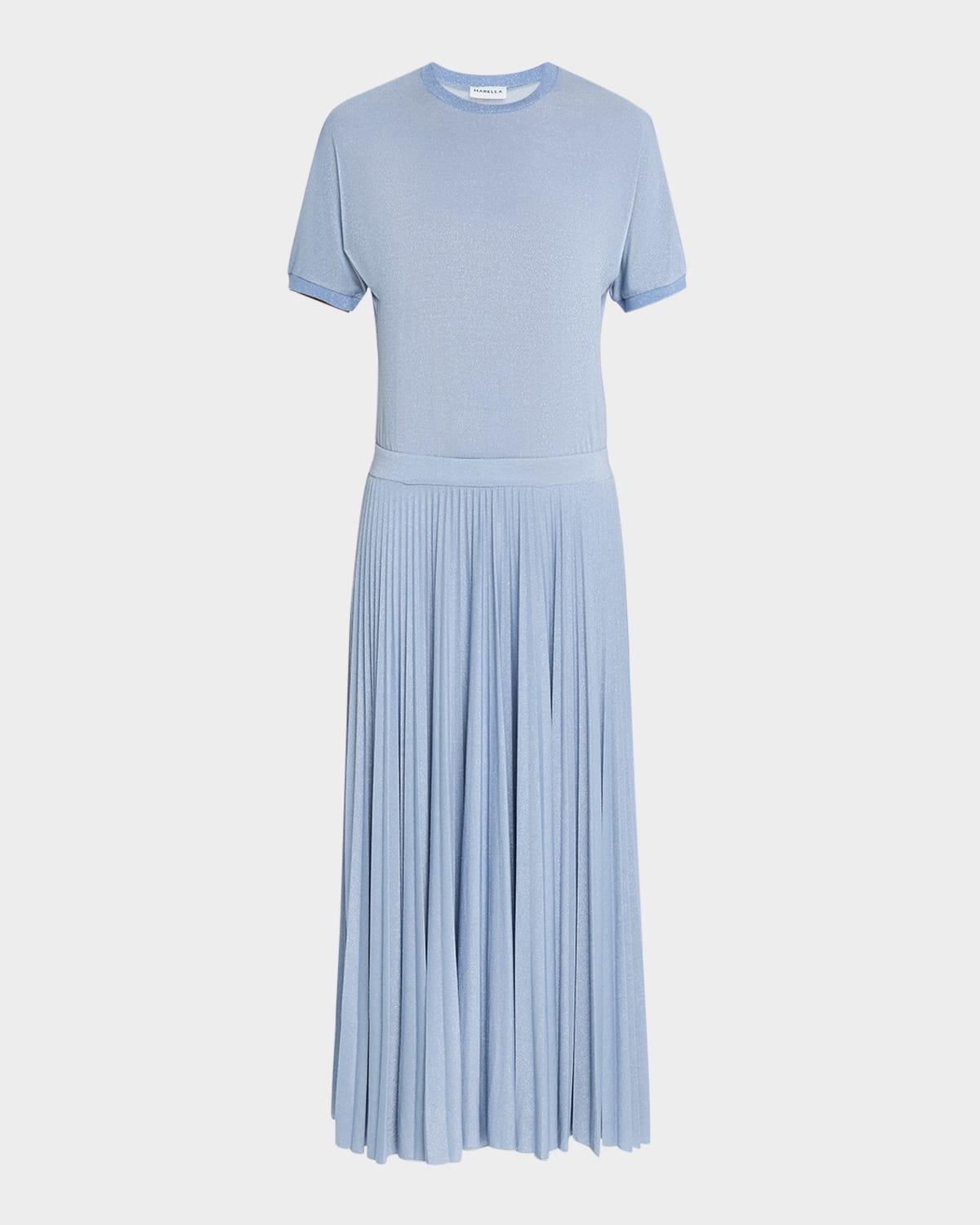 semele pleated shimmer knit midi dress