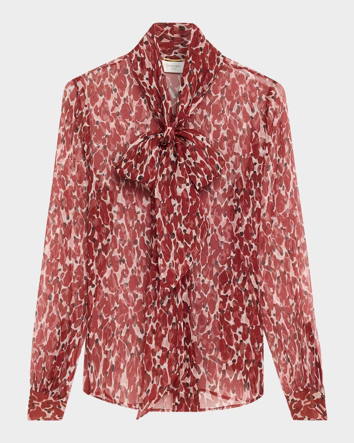 semi-sheer printed tie neck blouse