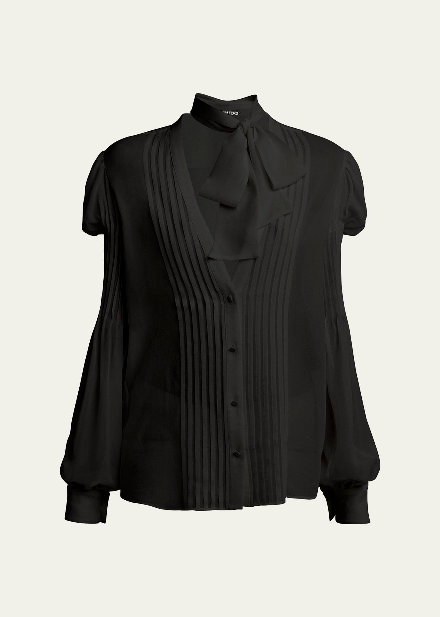 semi-sheer silk blouse with tie neck