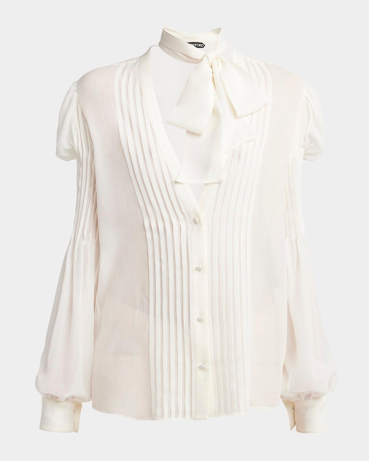 semi-sheer silk blouse with tie neck