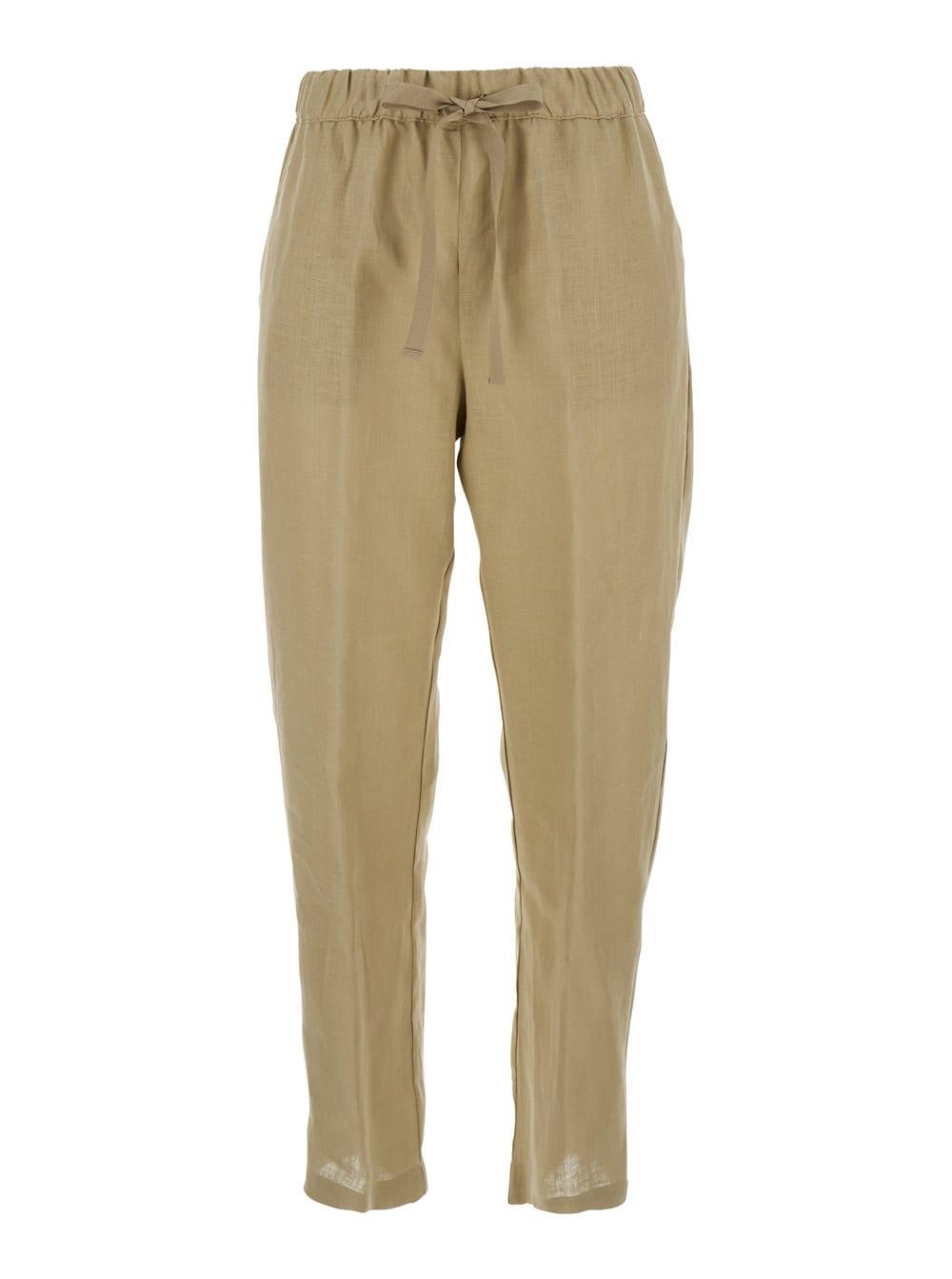 semicouture beige pants with elastic waist with drawstring in linen woman
