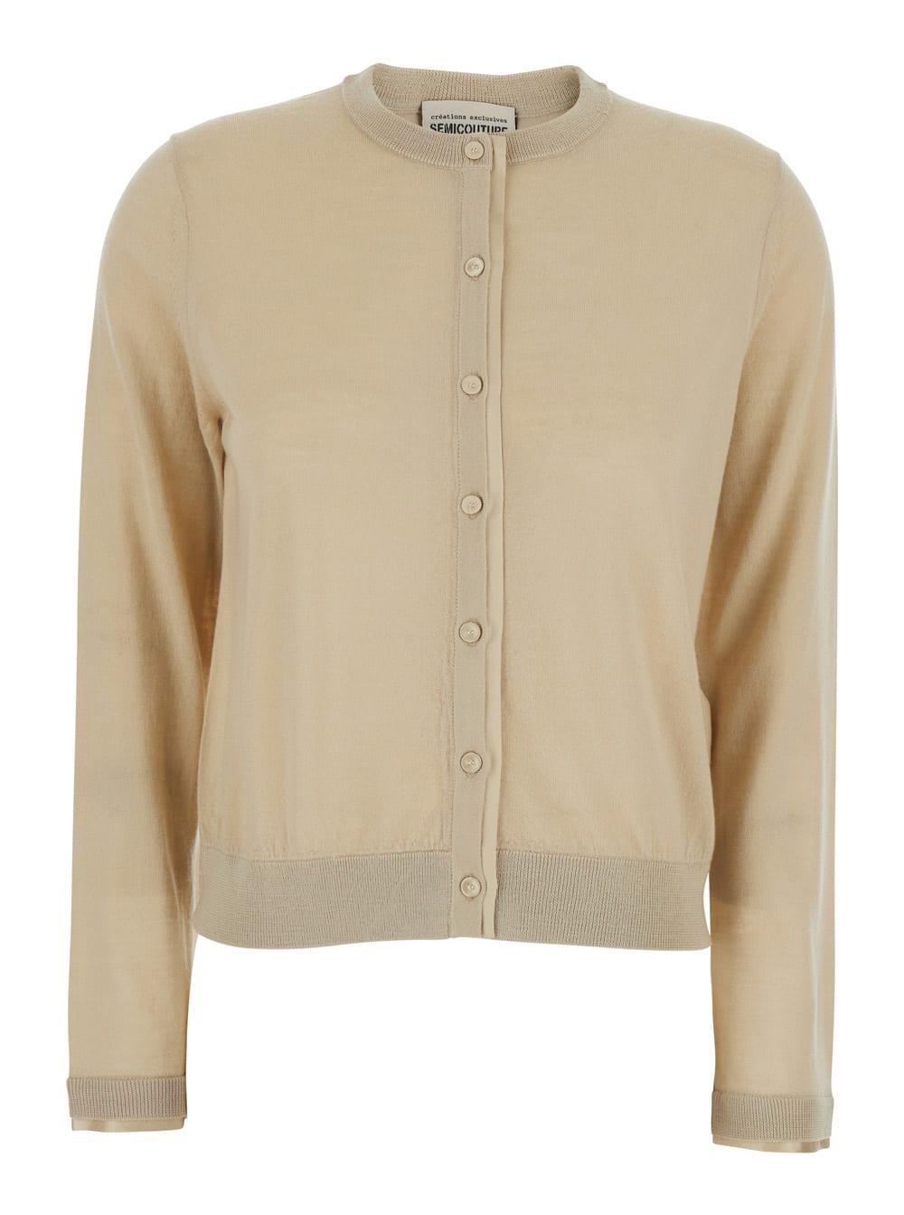 semicouture beige wool crew neck cardigan with front button closure for women