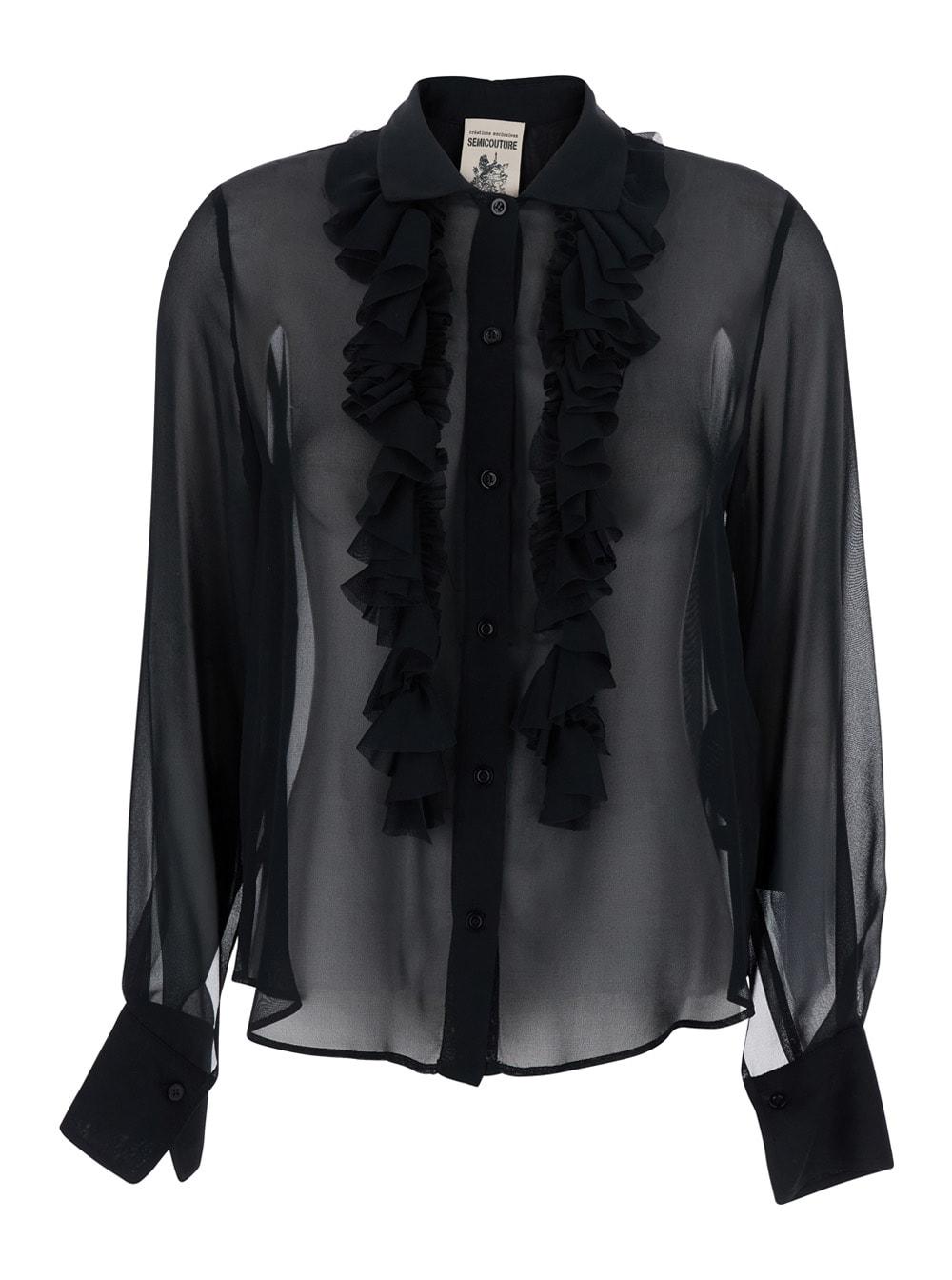 semicouture black blouse with classic collar and ruched detail on the front in silk blend woman