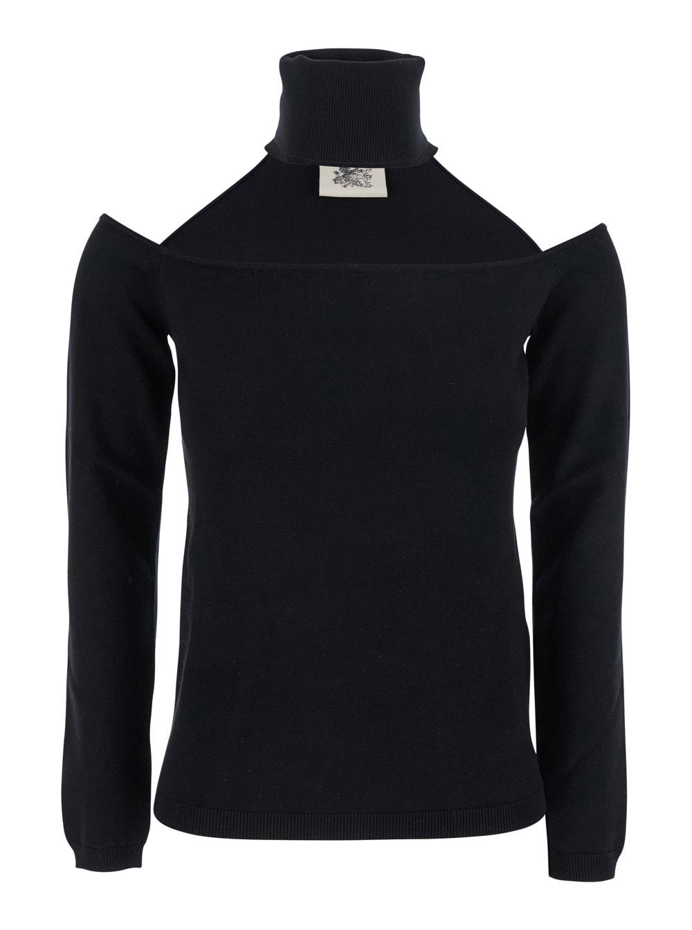 semicouture black off-shoulder long-sleeve t-shirt with cut-out on the front in viscose blend woman