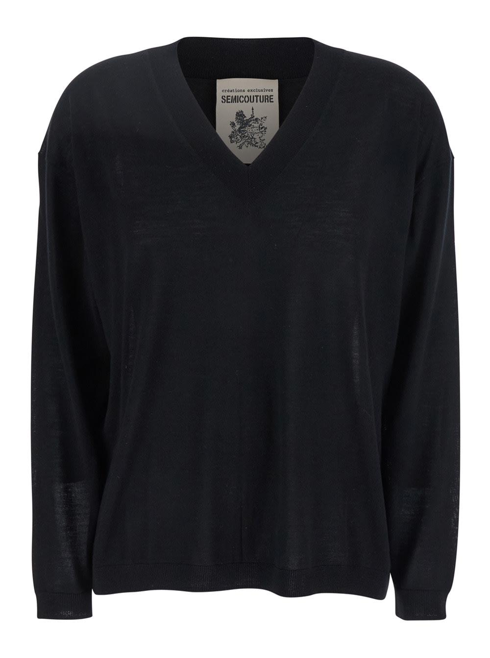 semicouture black sweater with v-neck and logo embroidered on the side in virgin wool woman