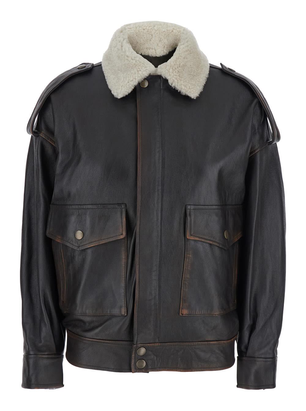 semicouture brown jacket with shearling collar and two front patch pockets in leather woman