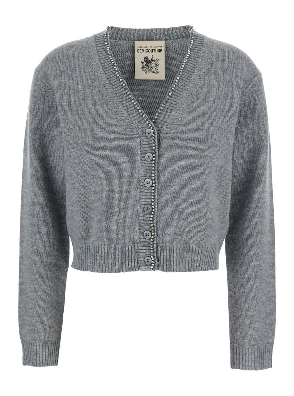 semicouture grey cardigan with v-neck and beaded detail in wool woman