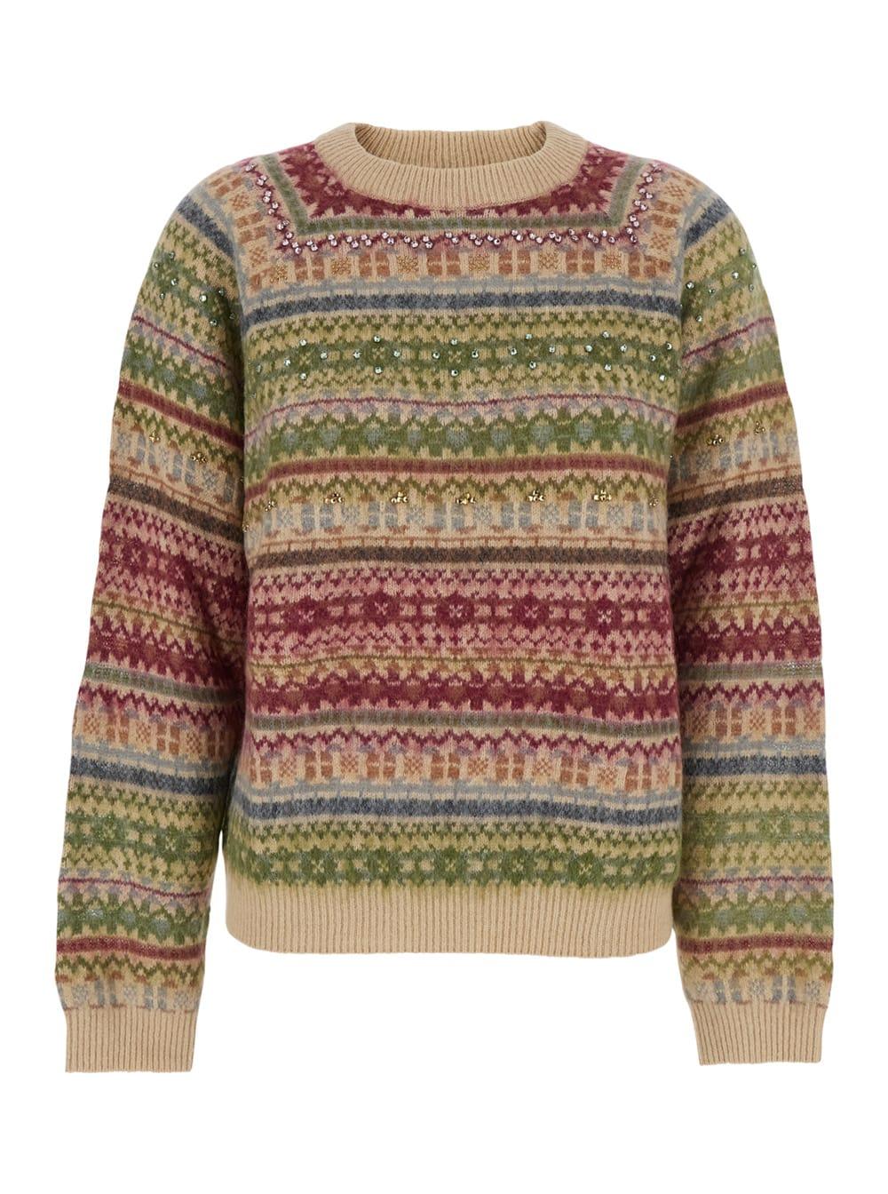 semicouture multicolor knit crewneck sweater with striped motif in wool blend woman