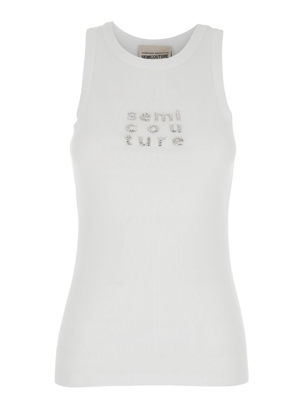 semicouture white ribbed top with logo detail on the front in cotton blend woman