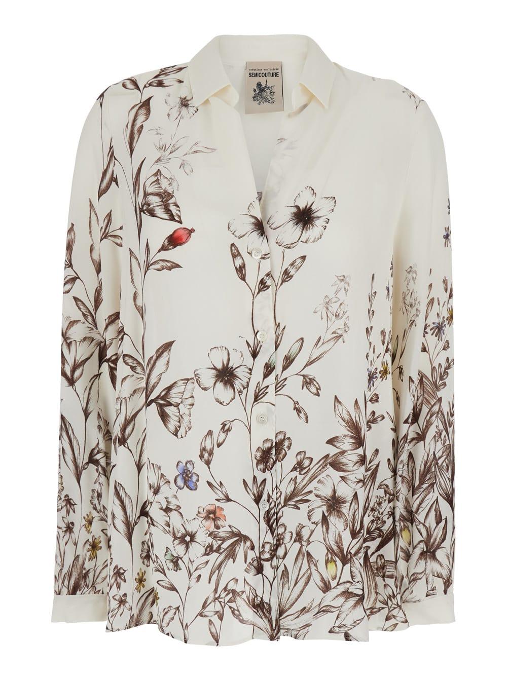 semicouture white v-neck shirt with all-over floral print for women
