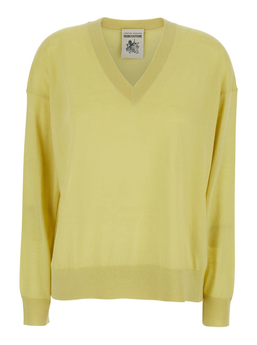 semicouture yellow sweater with v-neck and dropped shoulders in womens wool