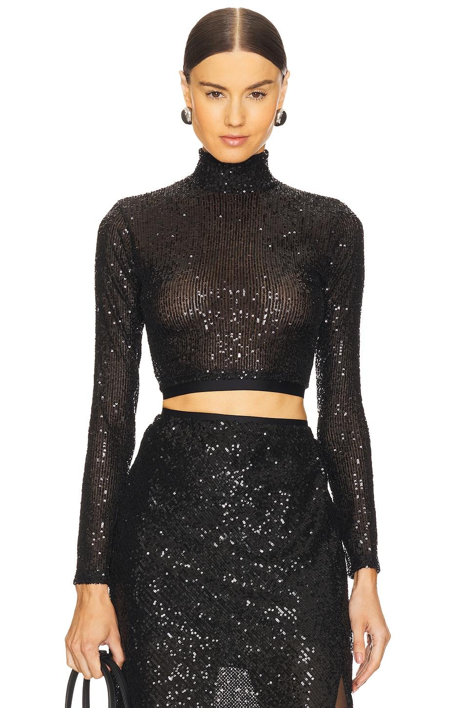 sequin cropped long sleeve mock neck top