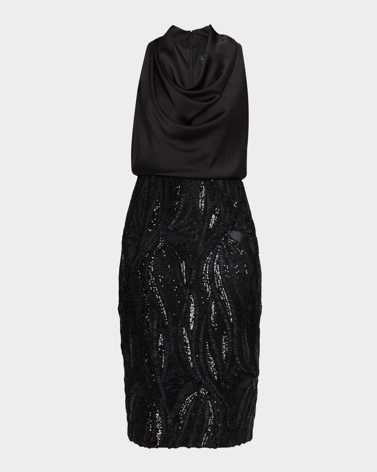 sequin-embroidered cowl midi dress