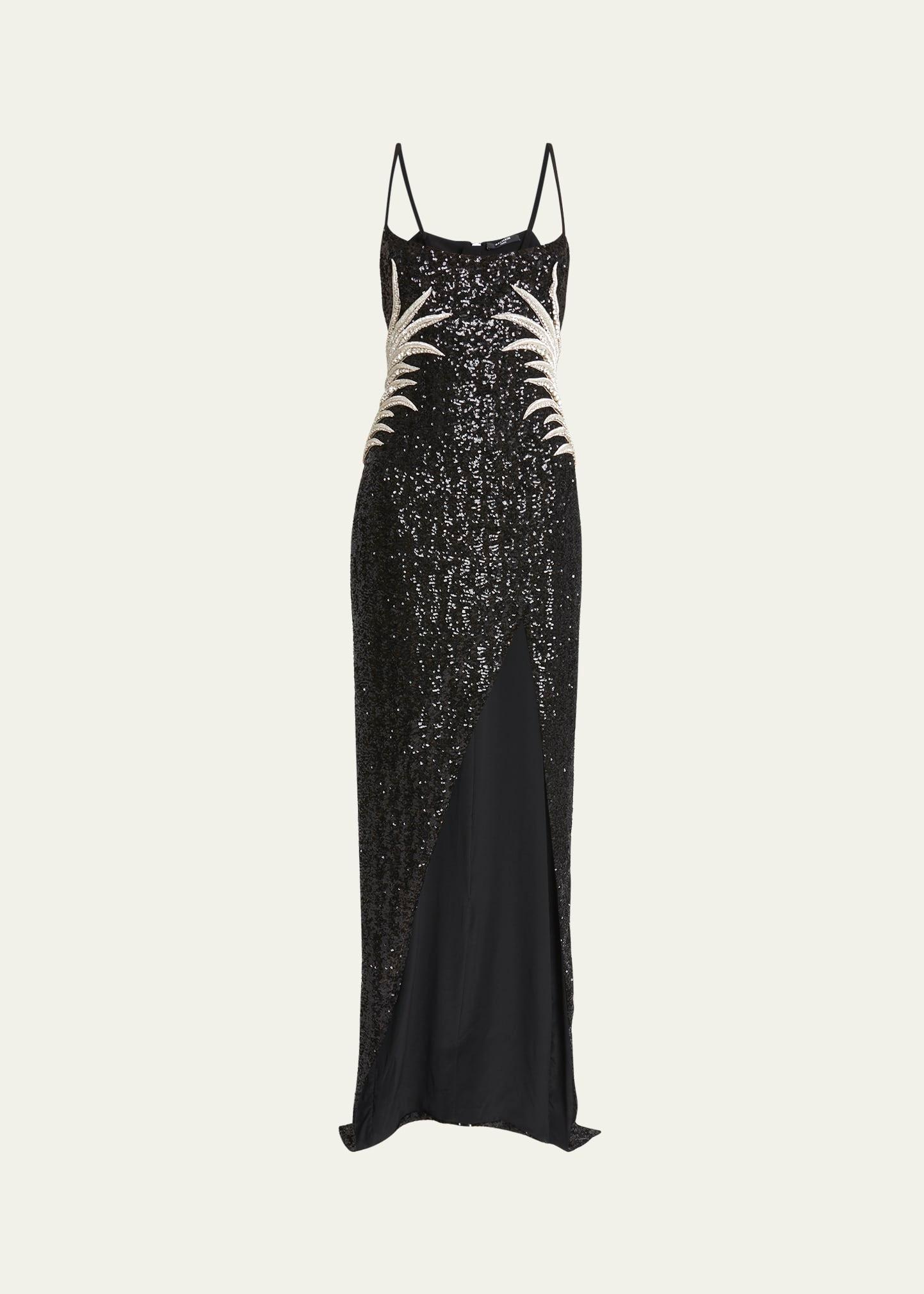 sequin embroidered palm tree gown with slit