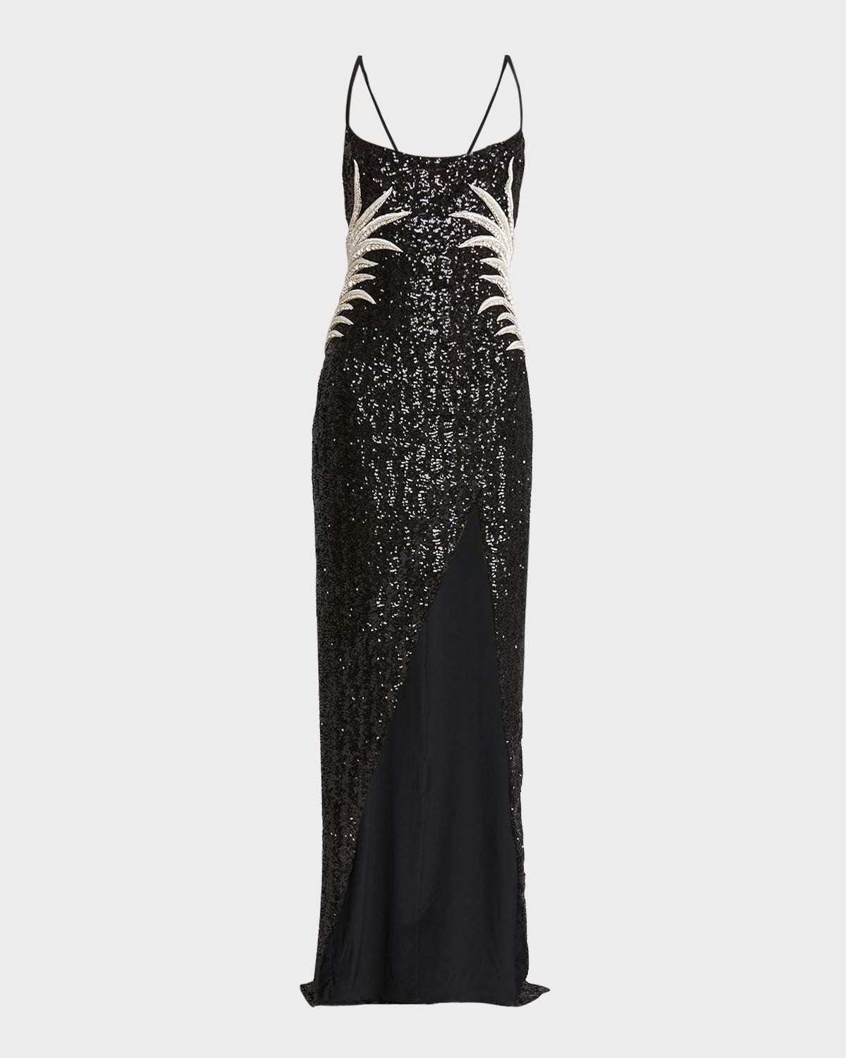 sequin embroidered palm tree gown with slit