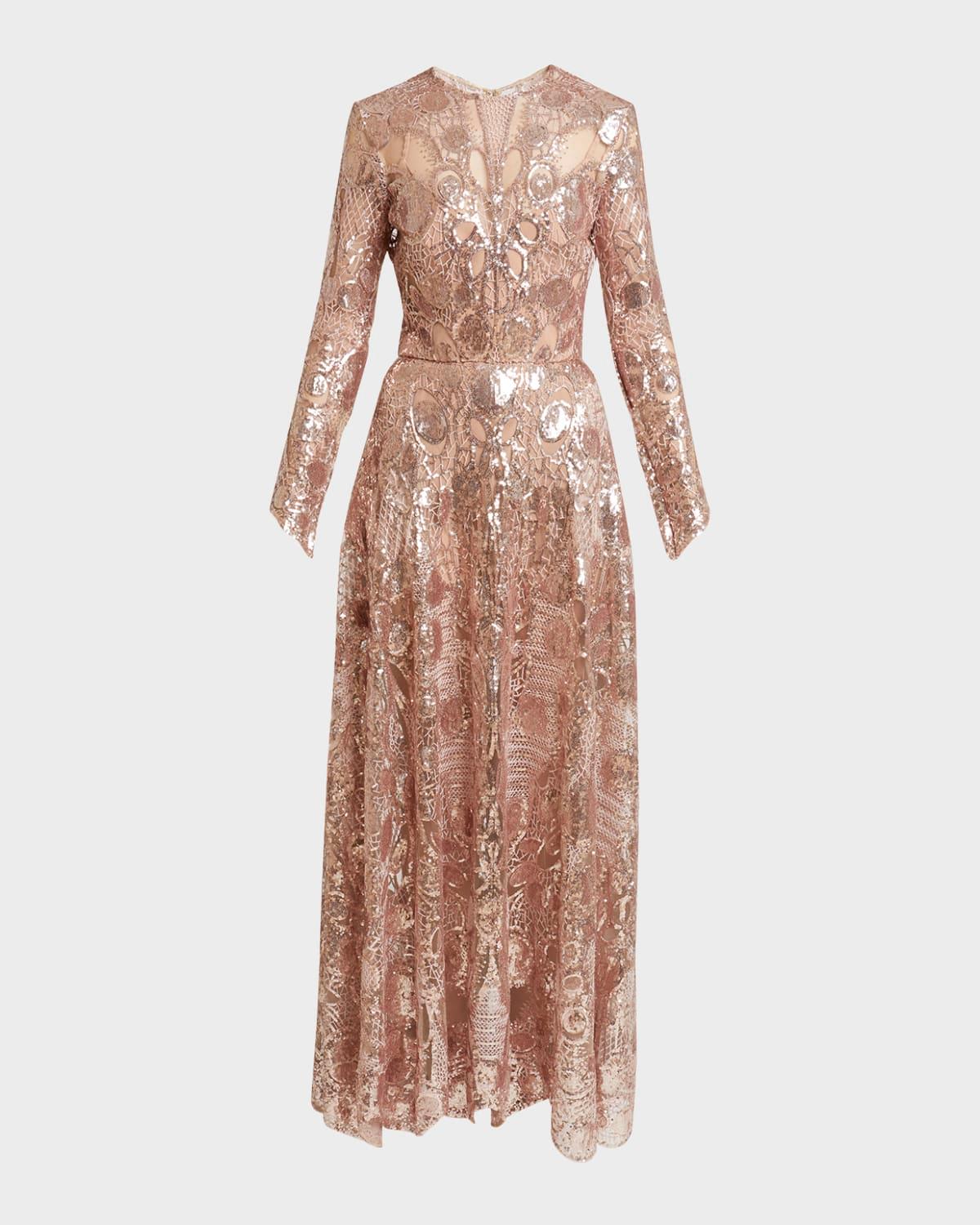 sequin embroidered tulle long-sleeve gown