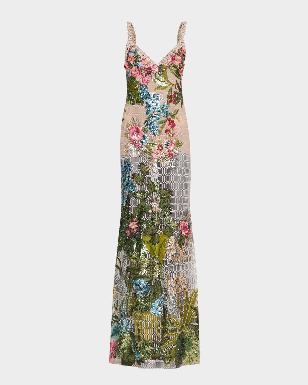 sequin embroidered tulle sleeveless gown