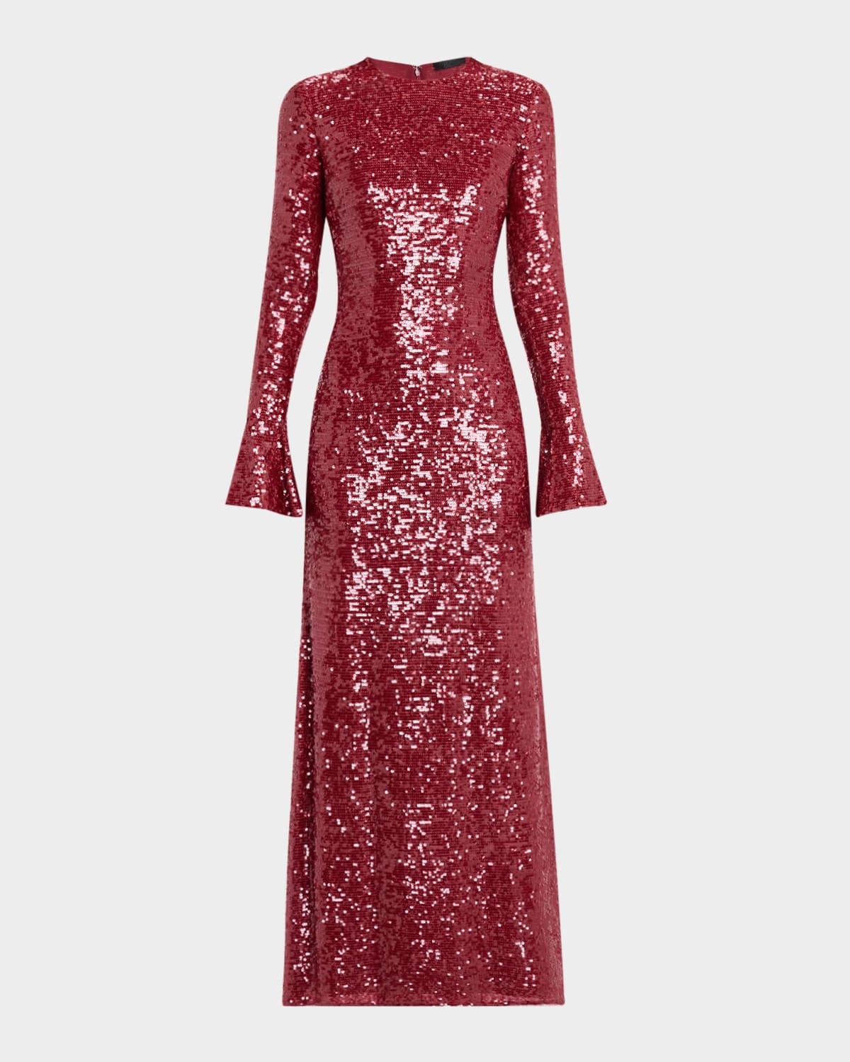 sequin flare sleeve boatneck gown