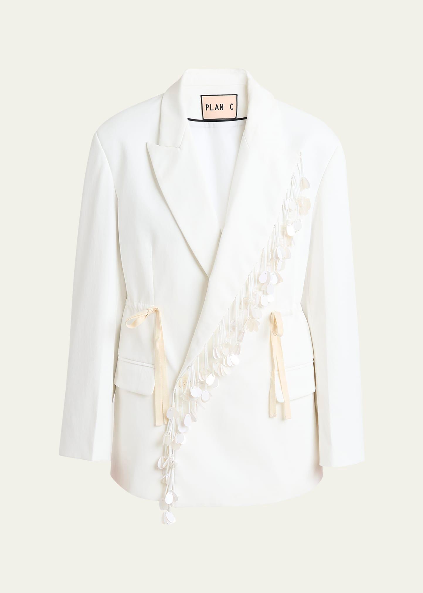 sequin-fringe drawstring double-breasted blazer jacket