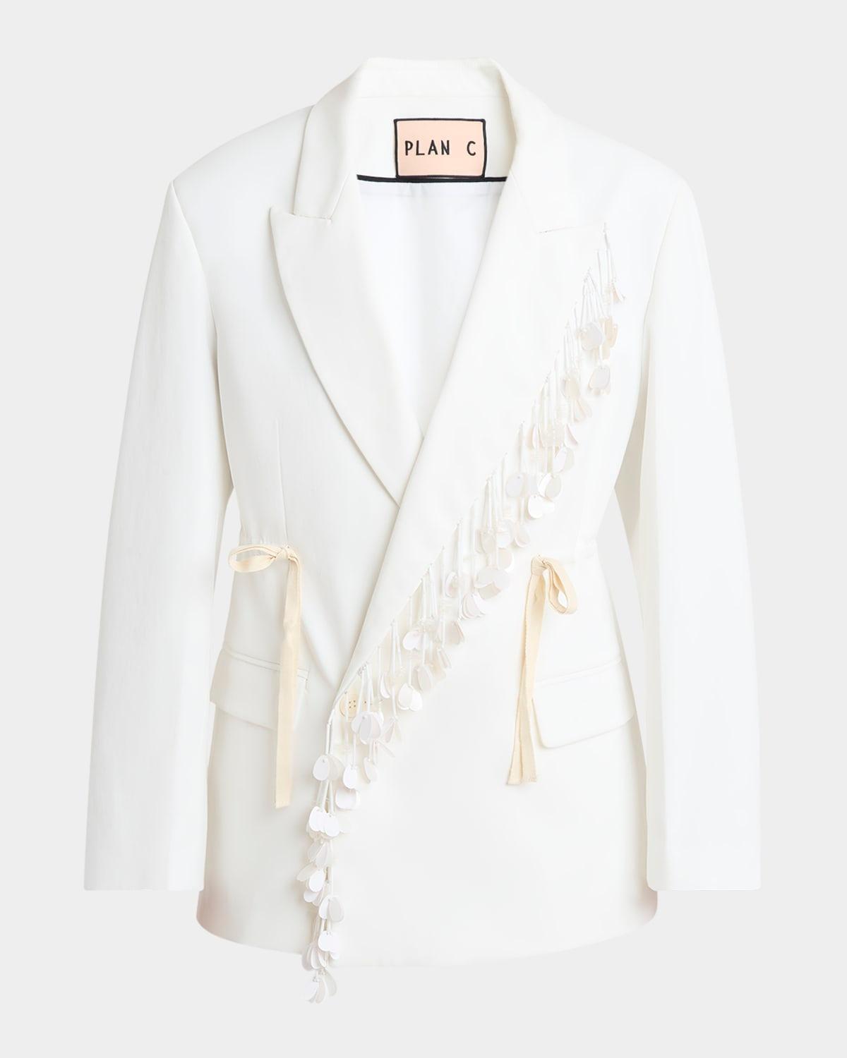 sequin-fringe drawstring double-breasted blazer jacket