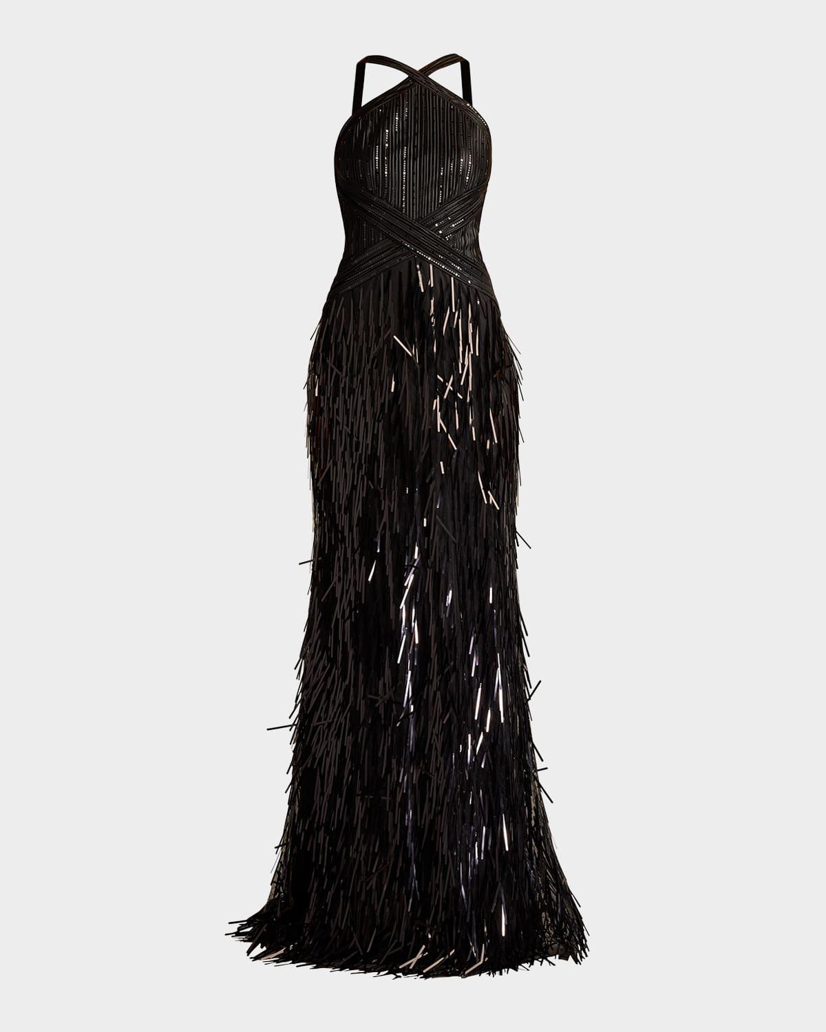 sequin fringe halter gown