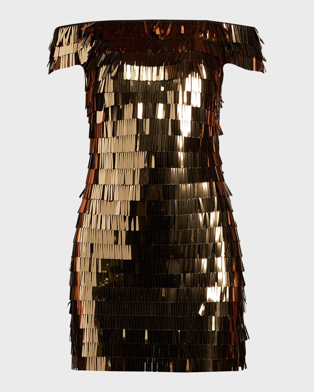 sequin fringe off-shoulder mini dress