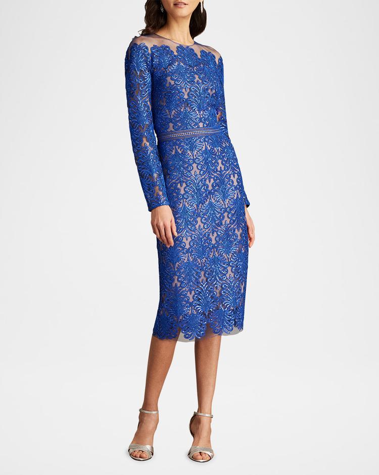 sequin illusion lace midi sheath dress