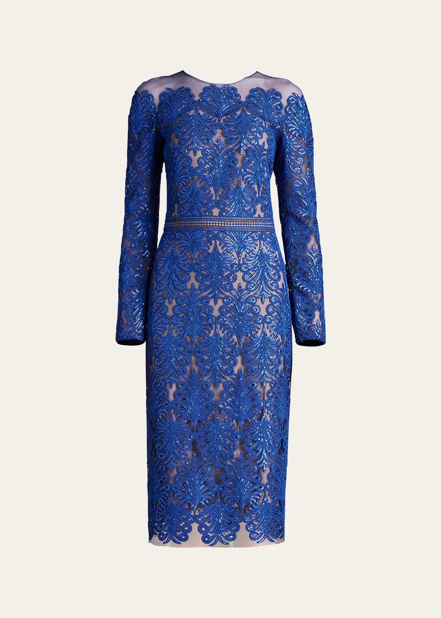 sequin illusion lace midi sheath dress