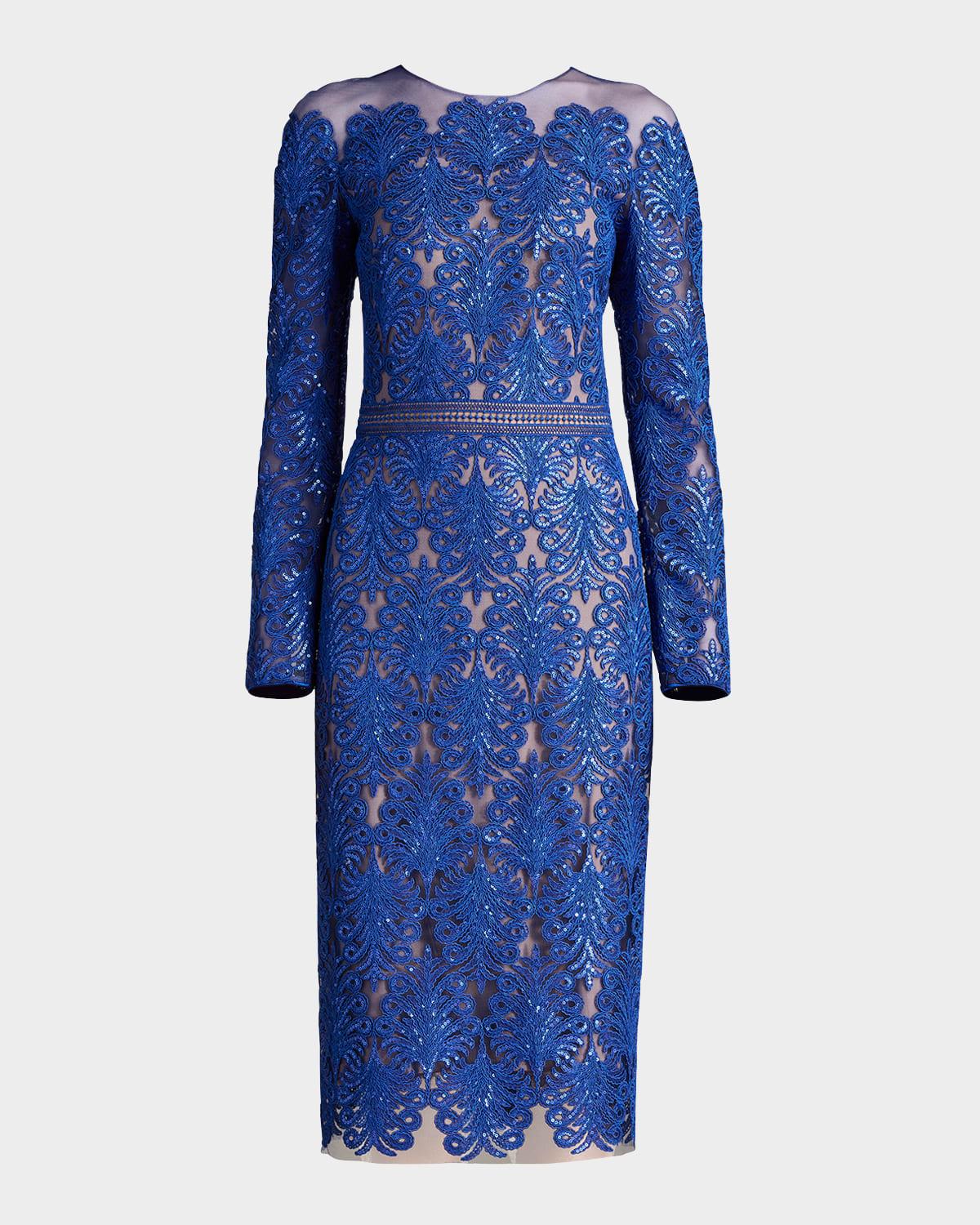 sequin illusion lace midi sheath dress