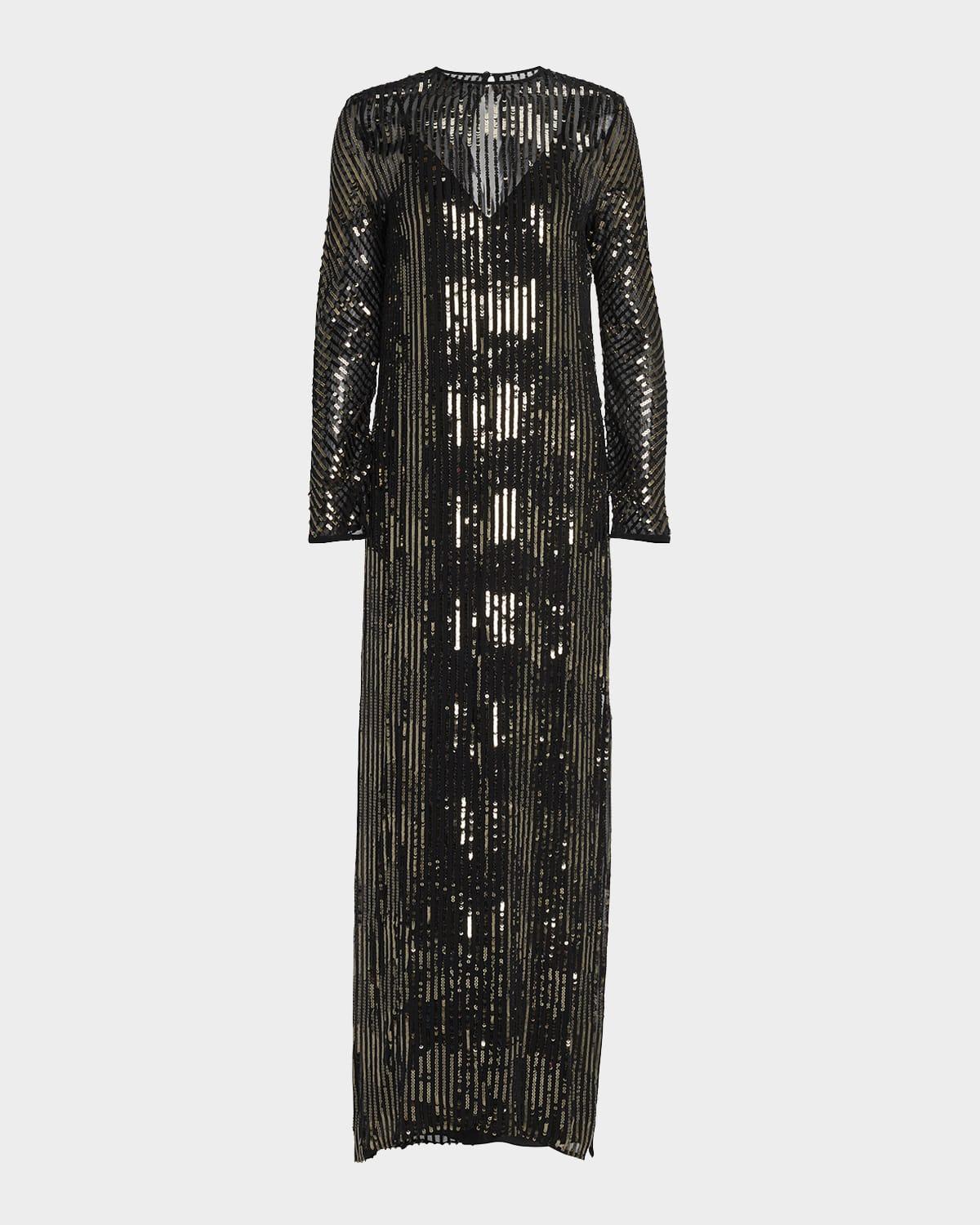 sequin nautical striped long-sleeve maxi tunic dress