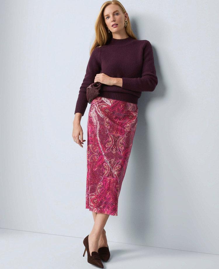 sequin paisley column midi skirt