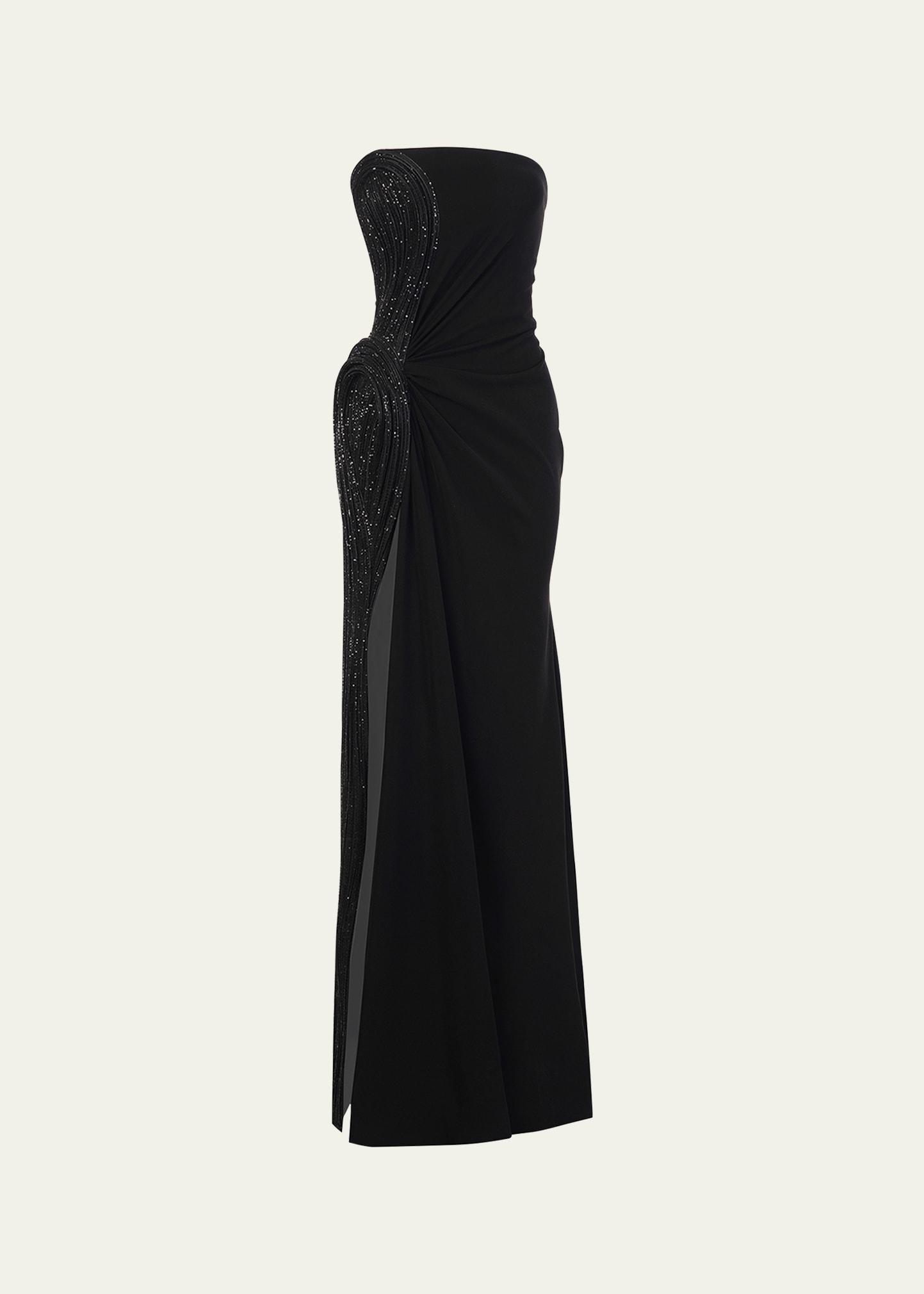 sequin sculpted strapless slit gown