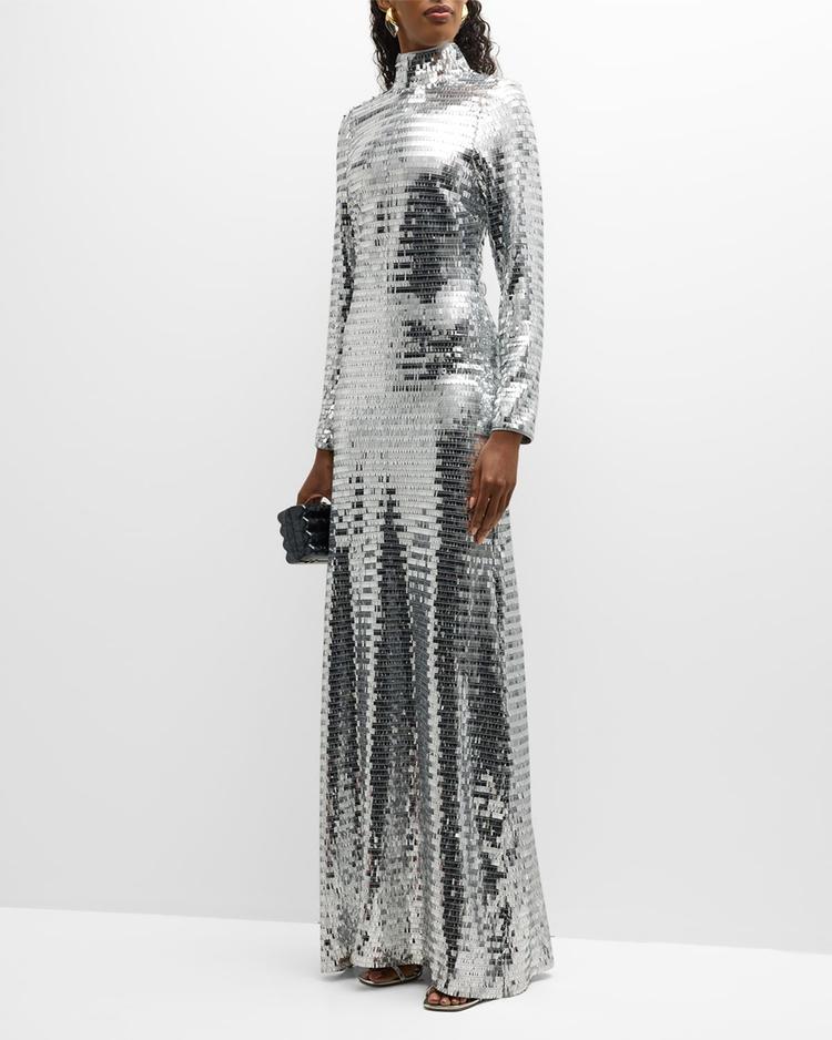sequin sculpty high-collar maxi dress