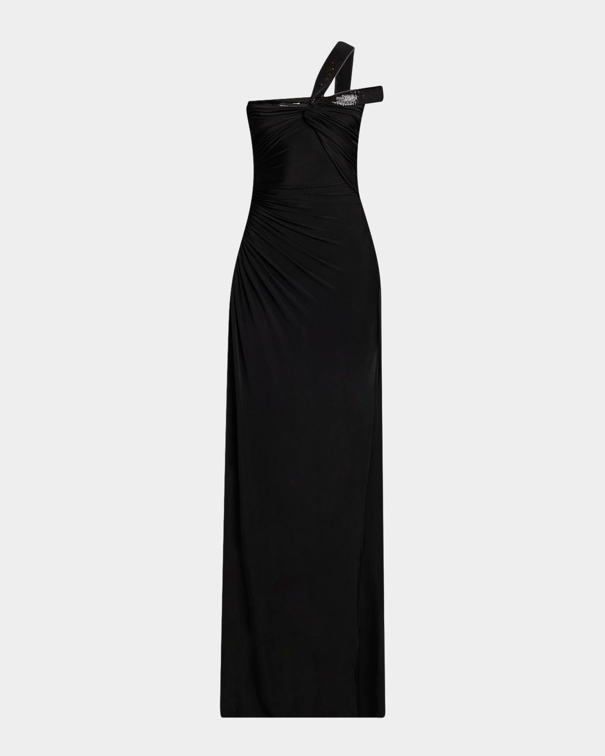 sequin twisted one-shoulder jersey slit gown
