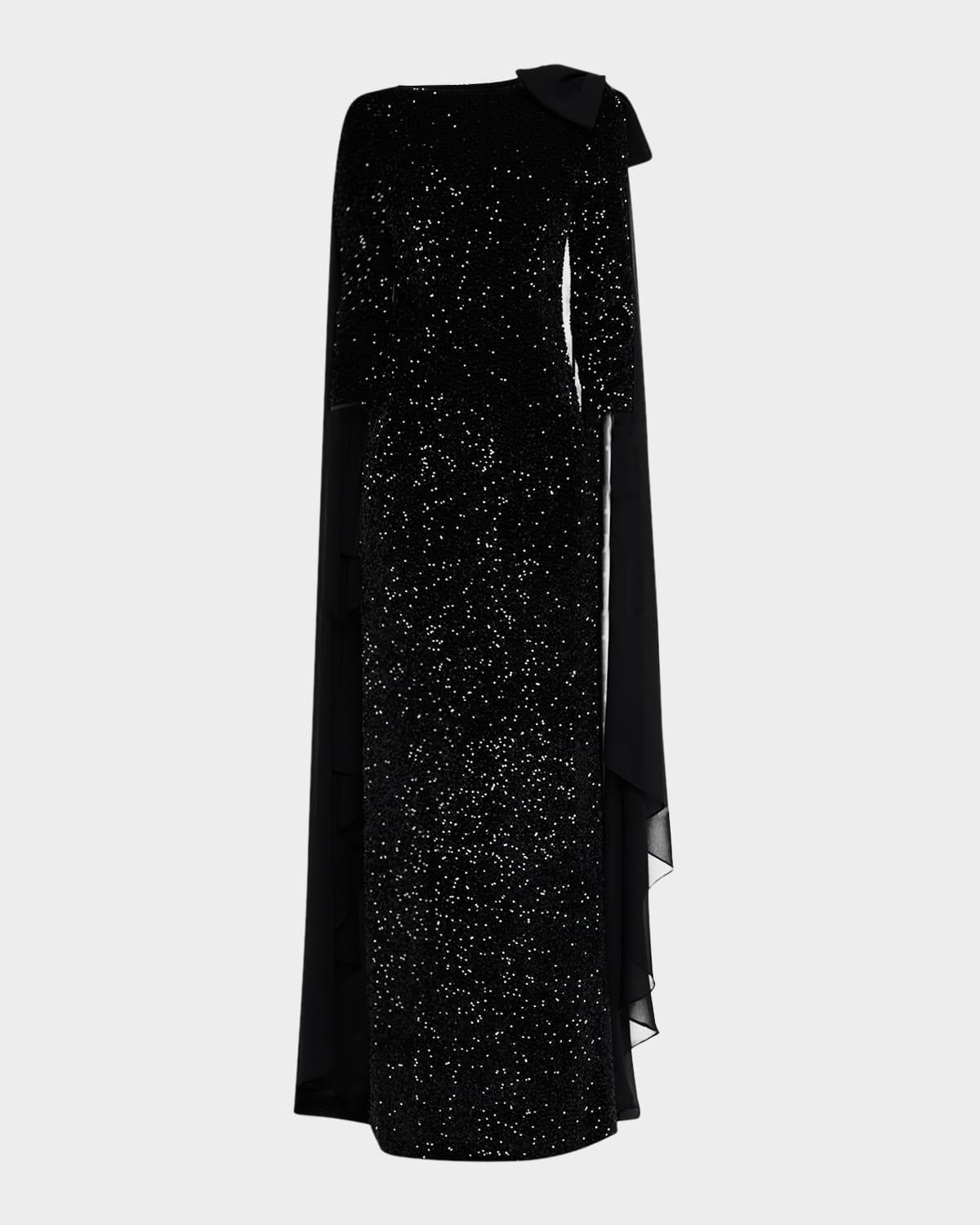 sequin velvet column cape gown